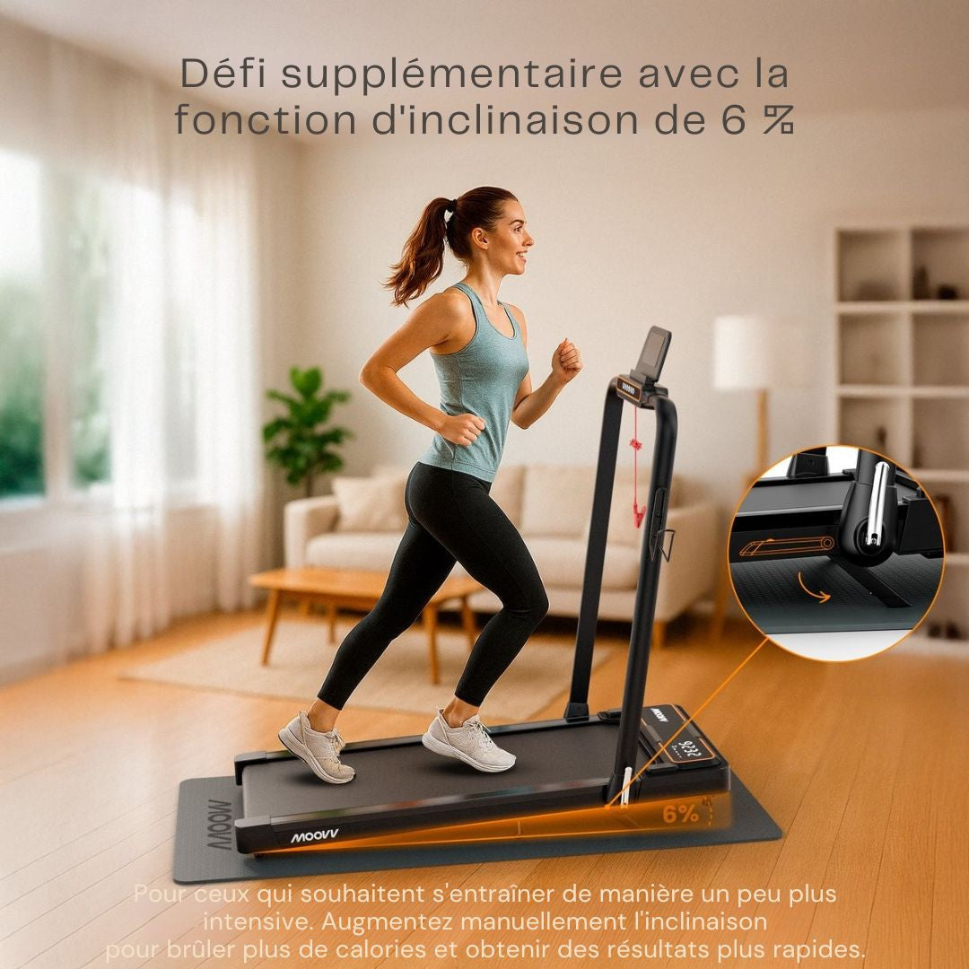 Tapis de course avec fonction d'inclinaison 6% - Moovv SmartStep Pro v2 - pliable - 124 x 64 x 13 cm - Accesoires inclus - noir