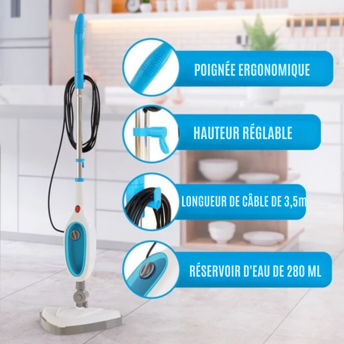 Nettoyeur Vapeur 12 en 1 – Strex - Défroisseur Manuel / Nettoyeur de Tapis / Détacheur - 1600W - Blanc et bleu