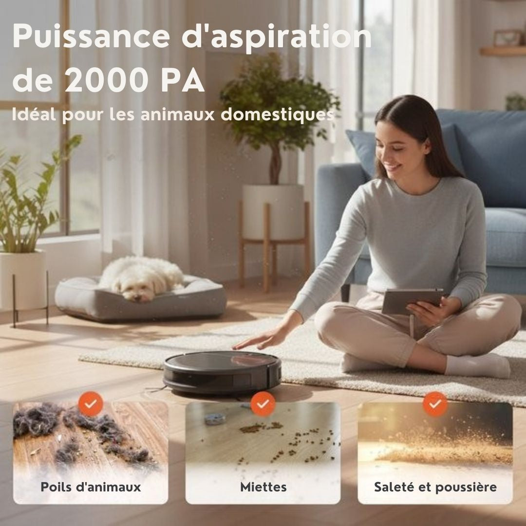 Robot Aspirateur avec fonction balayage Skoov - Avec station de chargement et de déchargement - APP - Animaux - Maison - Automatique - Poils de chien - 2000 PA - Noir