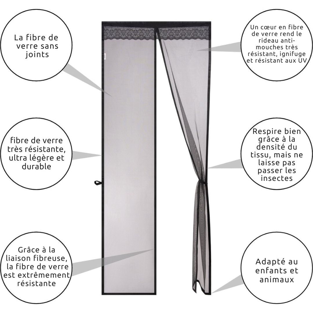 Rideau de porte O'DADDY®- Rideau anti-mouches - Magnétique - FIBRE - Moustiquaire de porte Deluxe 92 x 230 cm - Noir Hor