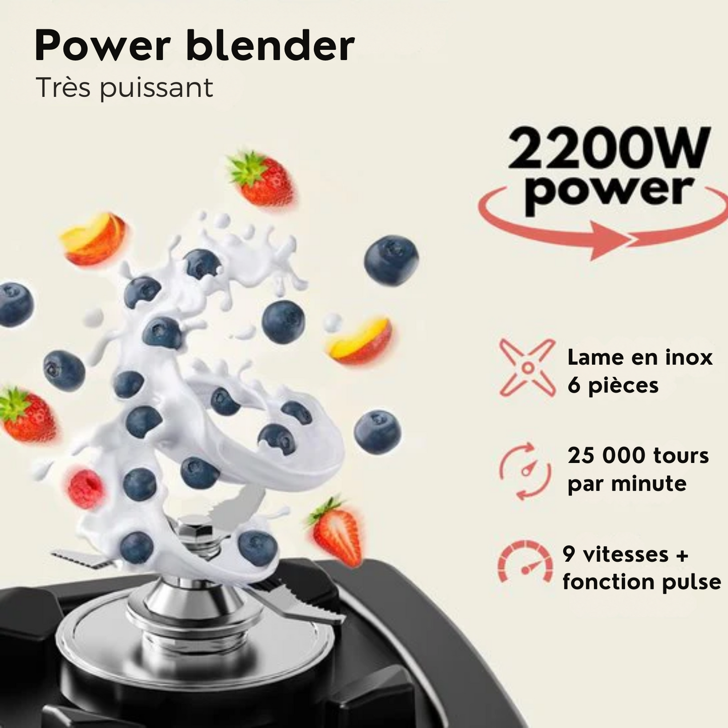 Blender - VAIVE - 2L - 2200W - 6 Lames en Acier Inoxydable - 6 Programmes Préréglés