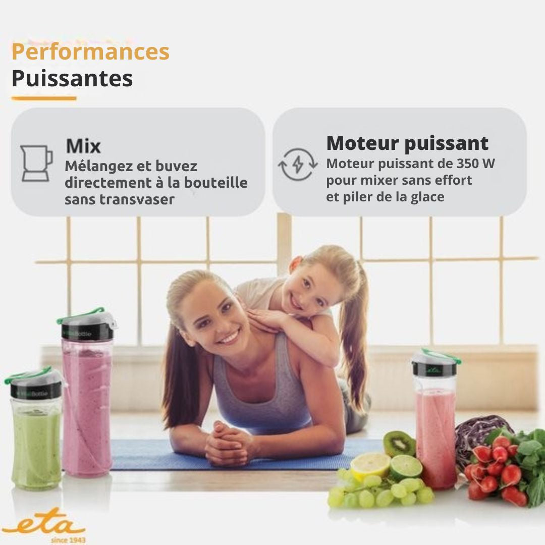 Mixeur ETA avec 3 bouteilles en Tritan - 2 x 0,6 litres et 1 x 0,4 litres - Fonction Pulse - 19 000 tr/min - 350W - Argent