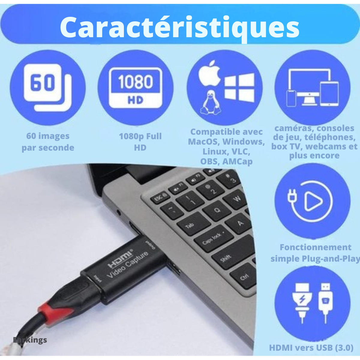 Clé de Capture HDMI vers USB - EarKings - Compatible PlayStation, Xbox, Nintendo, Windows, MAC - noir
