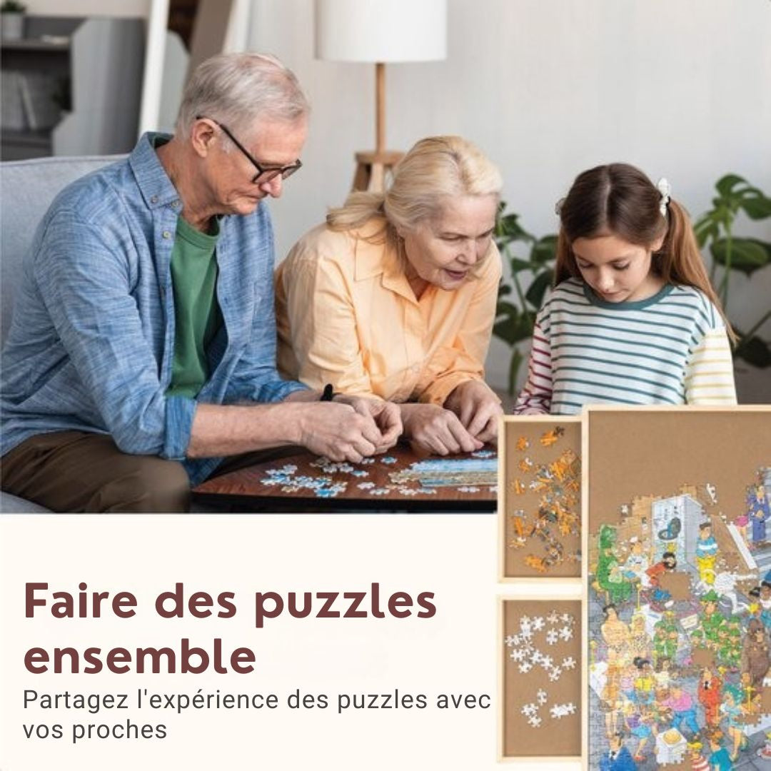 Plateau de puzzle rotatif avec système de rangement - 6 tiroirs - 1500 pièces - Bois - Table de puzzle - Classeur de puzzle - 64 x 86 x 4 cm - Couvercle de protection inclus - Tapis de puzzle - Mallette - Bois