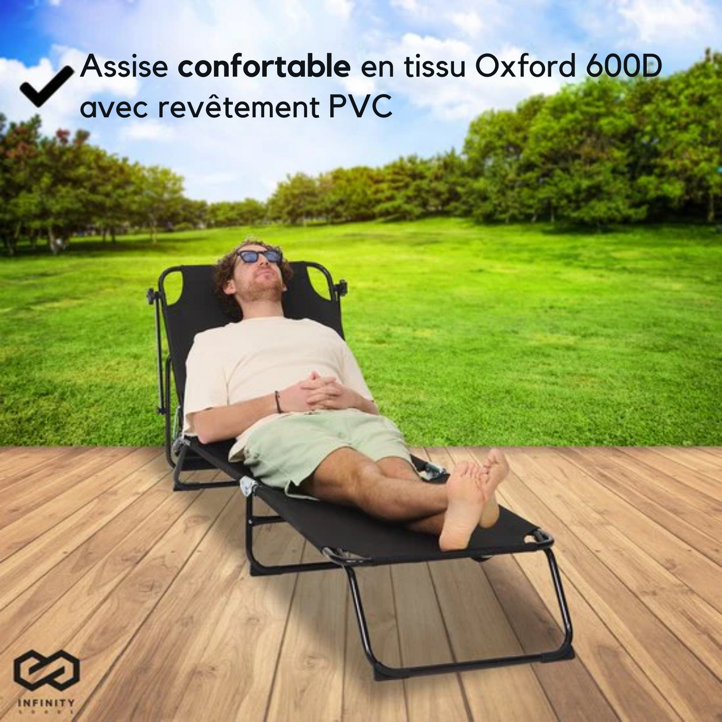 Chaise longue - Infinity Goods - pliable - réglable - jardin - résistant aux intempéries - noir
