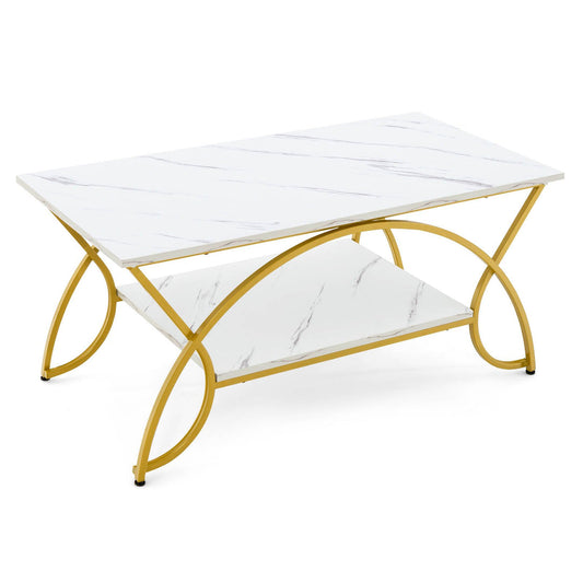 Table basse 2 étages Cosat - Imitation Marbre - Métal - Or/Blanc - Max.50 Kg - 100x50x45cm