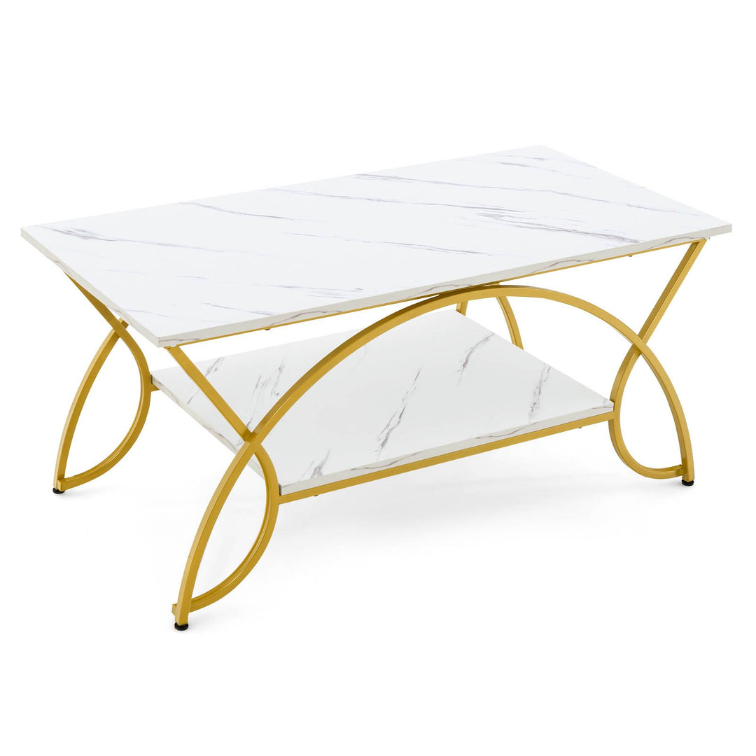Table basse 2 étages Cosat - Imitation Marbre - Métal - Or/Blanc - Max.50 Kg - 100x50x45cm