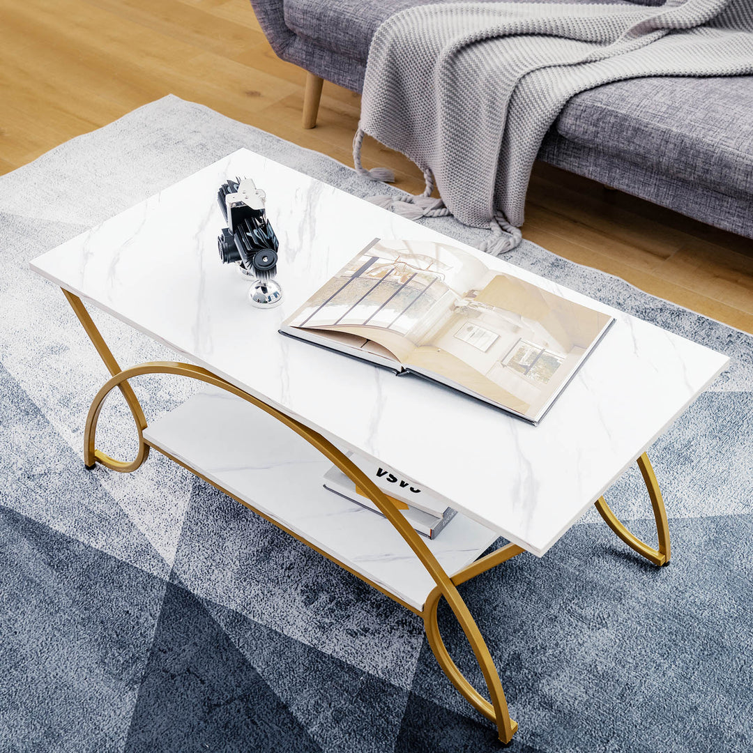 Table basse 2 étages Cosat - Imitation Marbre - Métal - Or/Blanc - Max.50 Kg - 100x50x45cm