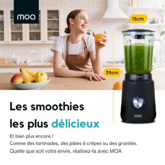 Blender - MOA - 1000W - Pichet en verre 1,5L - 3 vitesses + Pulse - Acier inoxydable