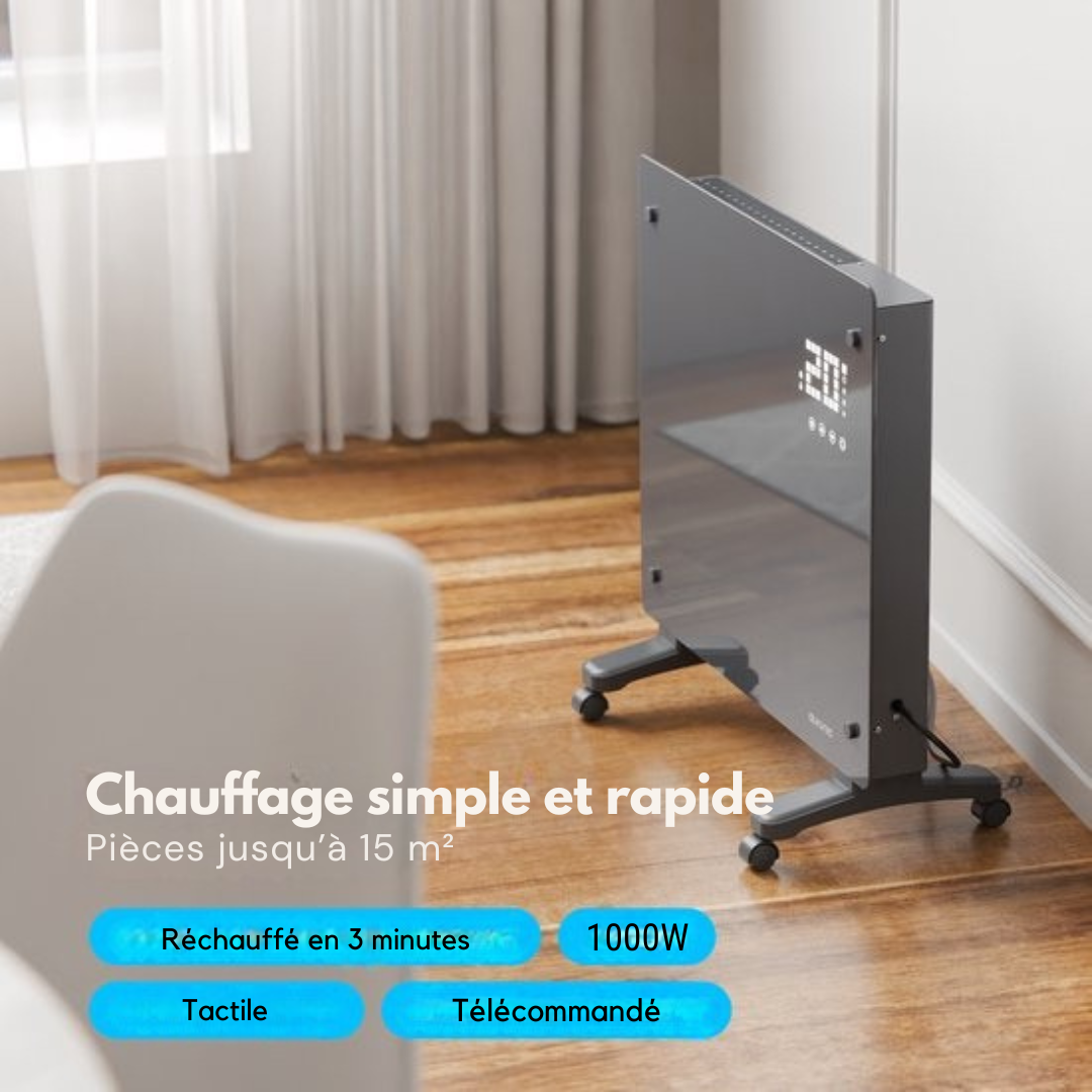 Radiateur électrique Auronic - Radiateur à convection avec thermostat et télécommande - Radiateur à panneau en verre - Radiateur 1000 W - Gris