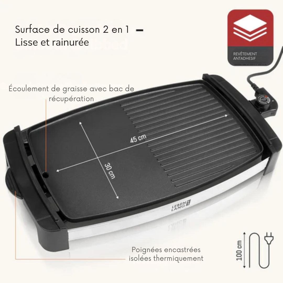 Plaque de gril électrique LEBENLANG - 2000 Watt - 4 à 8 personnes - Idéal pour l'intérieur et l'extérieur - 32.1 x 54.5 x 6.5 cm - noir