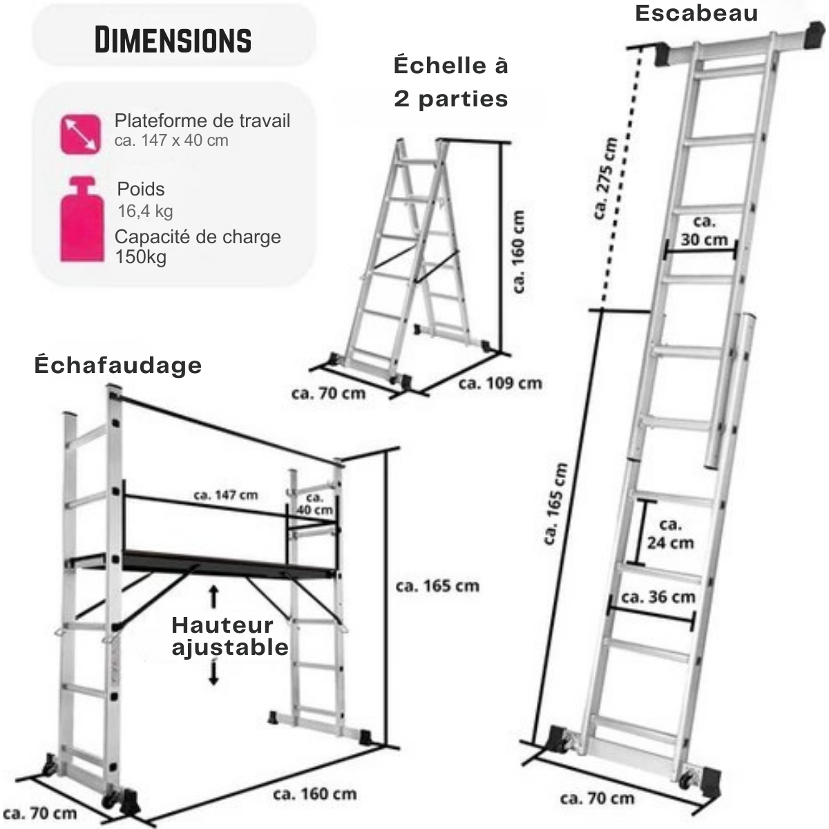 Échelle multifonctionnelle - tectake 401668 – 4 en 1 -Support d'échafaudage - Hauteur de travail 1m