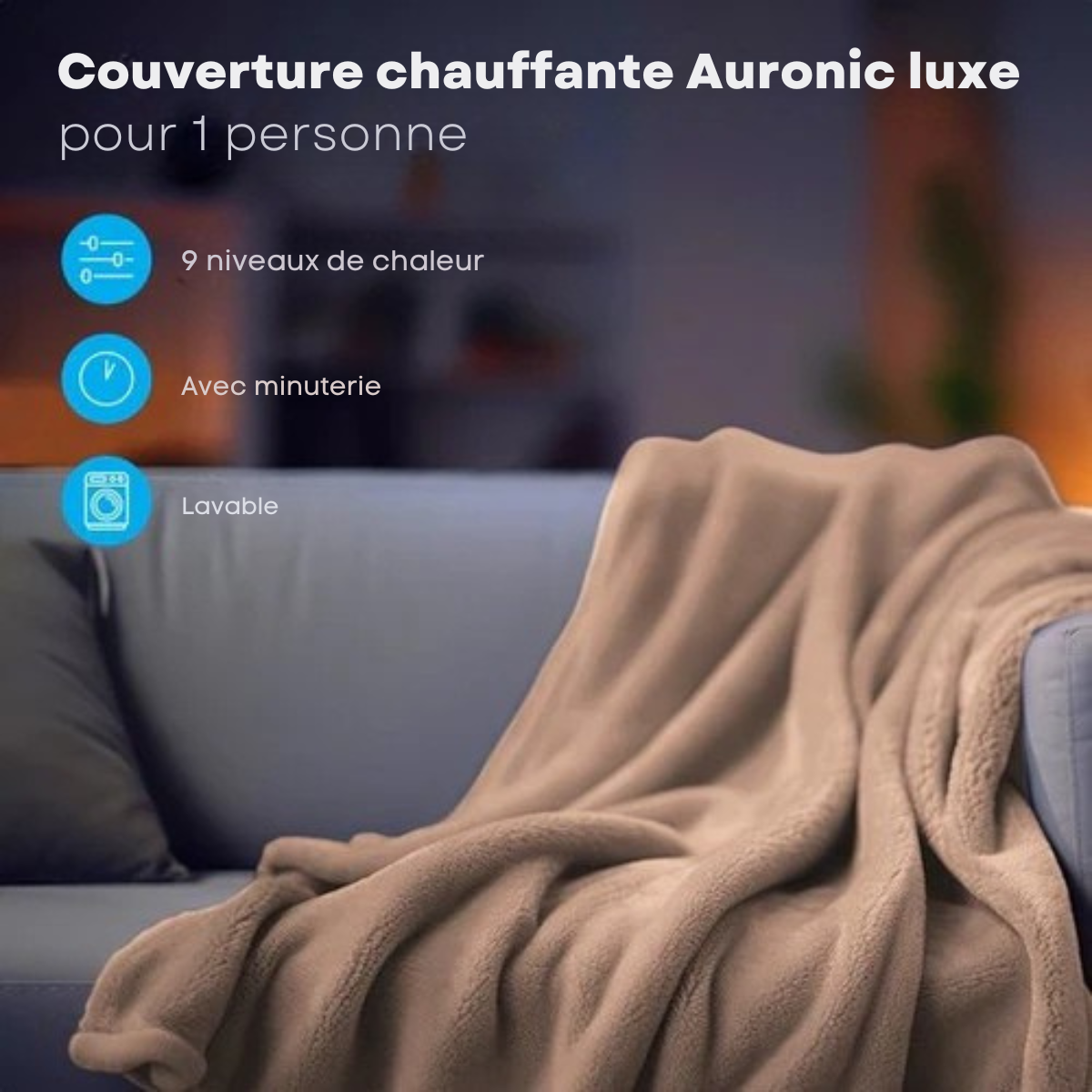Couverture électrique Auronic - Couverture chauffante - 9 niveaux de chaleur - 1 personne - 160x120cm - Marron clair
