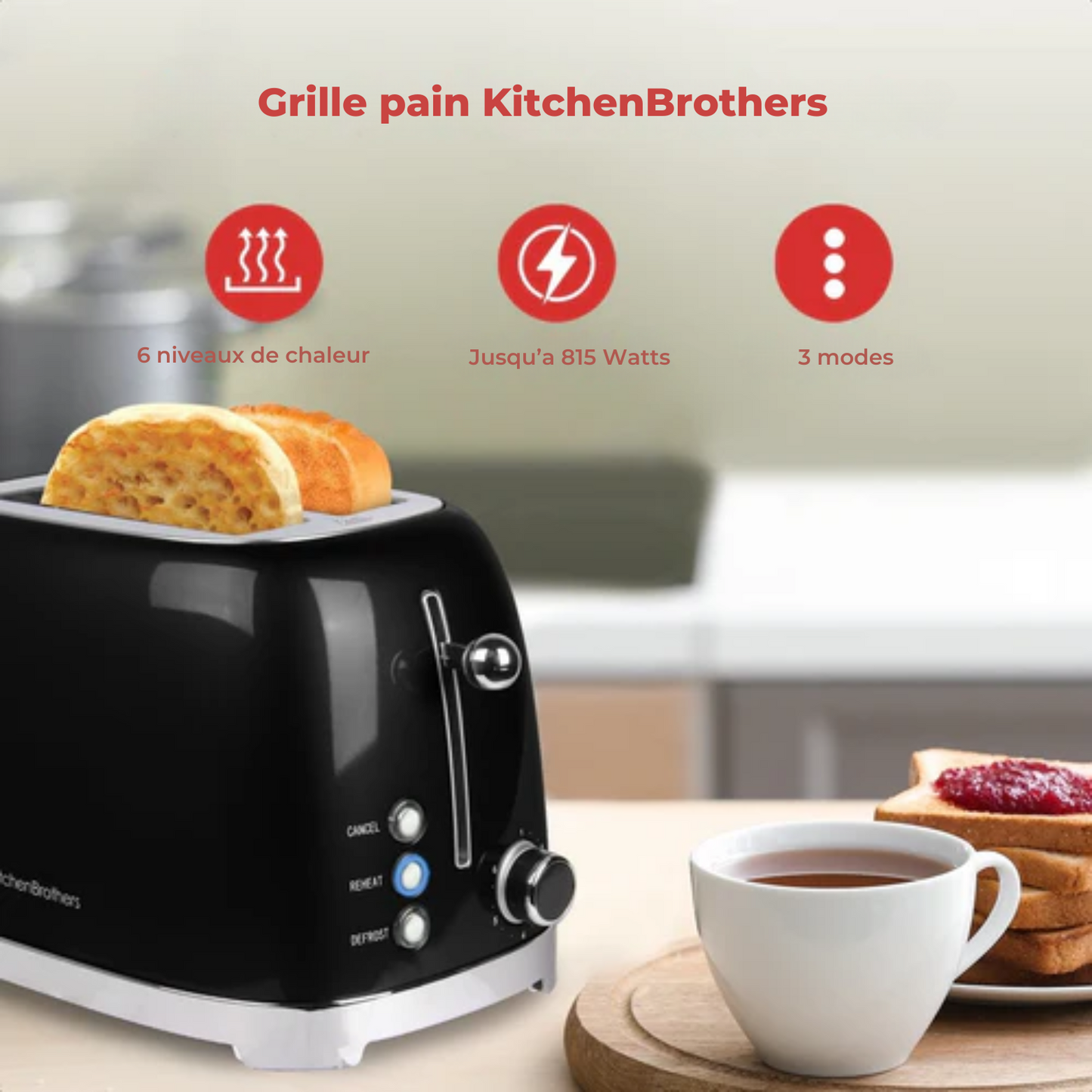 Grille-pain rétro - KitchenBrothers - 6 niveaux de chaleur - 2 fentes extra-larges - 1630W - réchauffe et décongèle - Noir