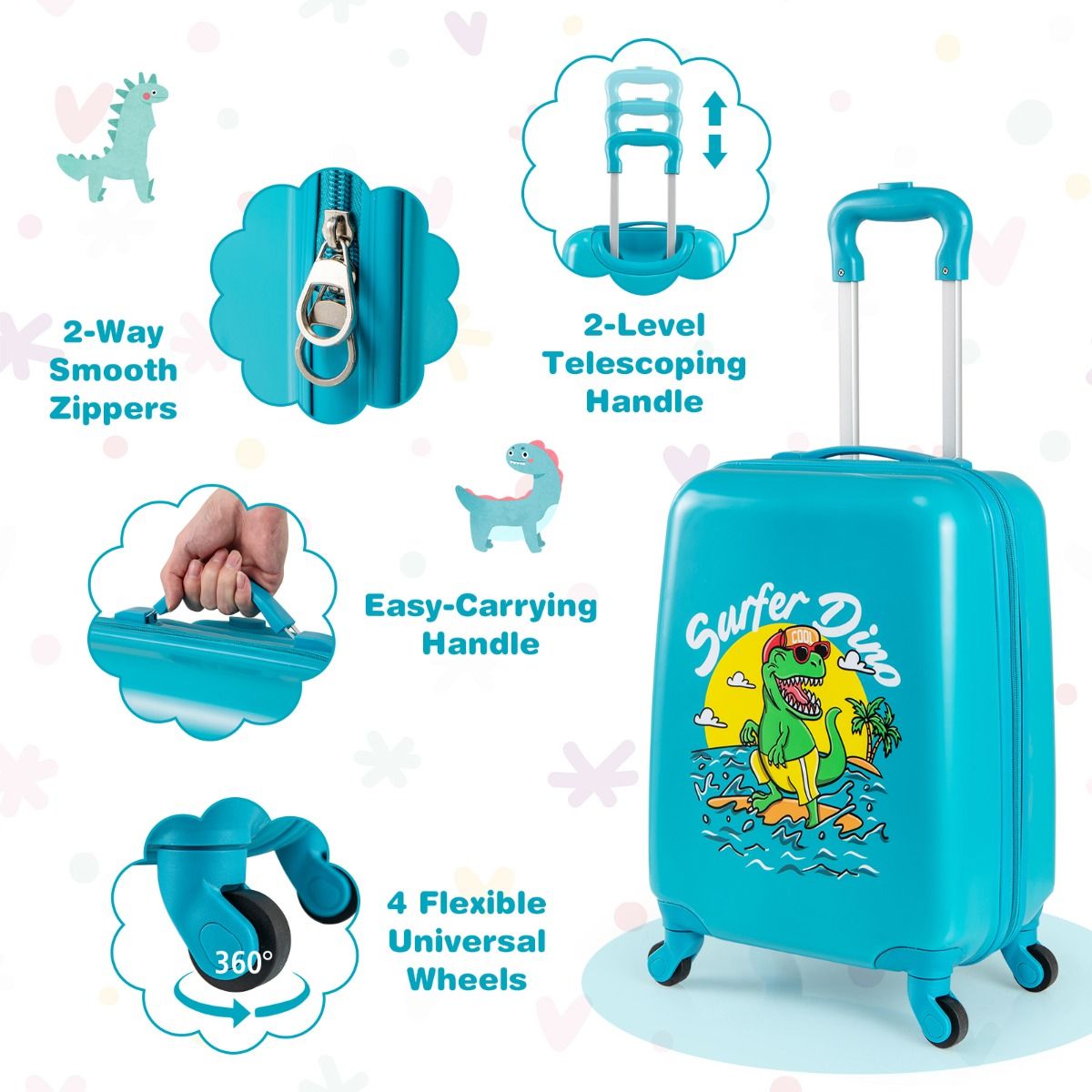 Coast 2-Piece Children's Suitcase Set - Dinosaur - Blue - 17-inch Hand Luggage Case 35×20×46 cm & 13-inch Backpack 27×10×32 cm - With Wheels