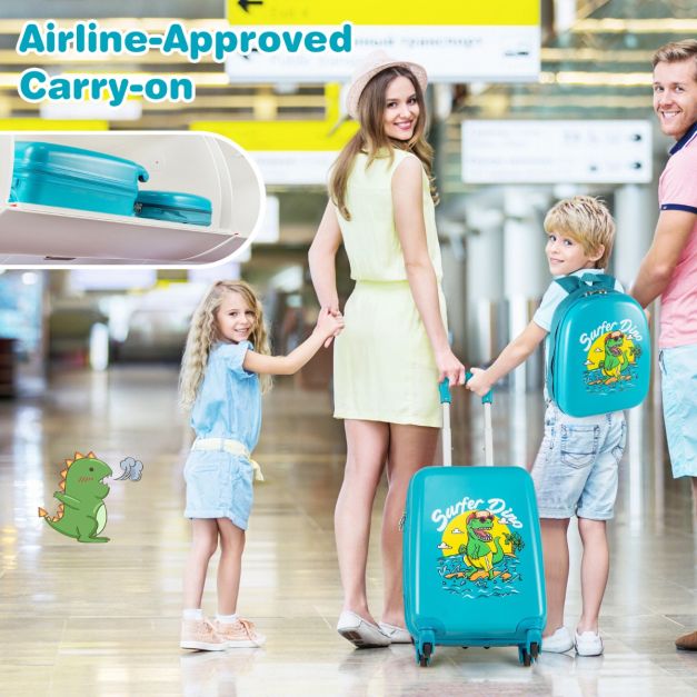 Coast 2-Piece Children's Suitcase Set - Dinosaur - Blue - 17-inch Hand Luggage Case 35×20×46 cm & 13-inch Backpack 27×10×32 cm - With Wheels