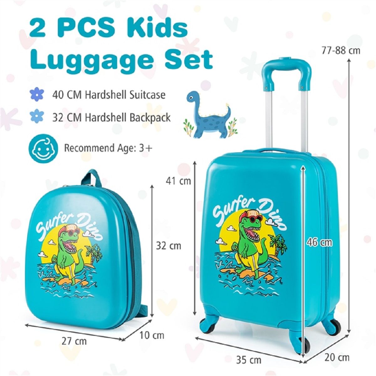 Coast 2-Piece Children's Suitcase Set - Dinosaur - Blue - 17-inch Hand Luggage Case 35×20×46 cm & 13-inch Backpack 27×10×32 cm - With Wheels