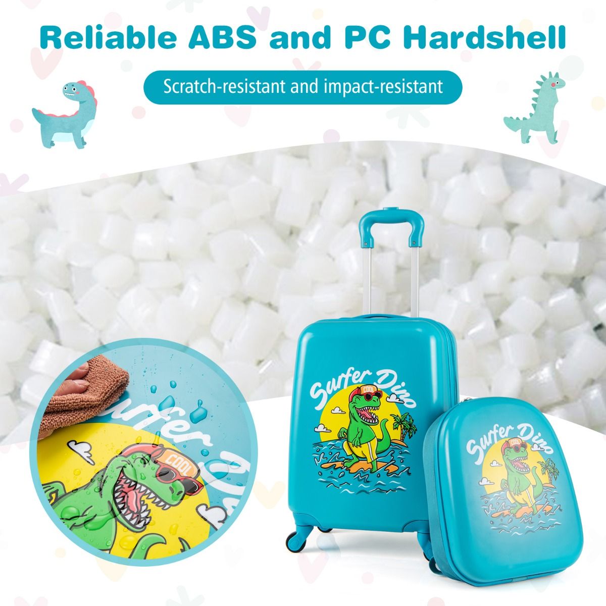 Coast 2-Piece Children's Suitcase Set - Dinosaur - Blue - 17-inch Hand Luggage Case 35×20×46 cm & 13-inch Backpack 27×10×32 cm - With Wheels