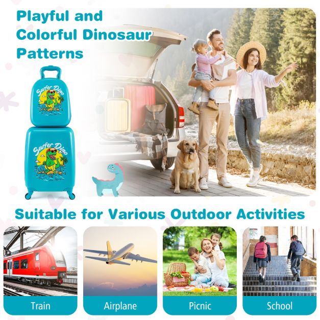 Coast 2-Piece Children's Suitcase Set - Dinosaur - Blue - 17-inch Hand Luggage Case 35×20×46 cm & 13-inch Backpack 27×10×32 cm - With Wheels