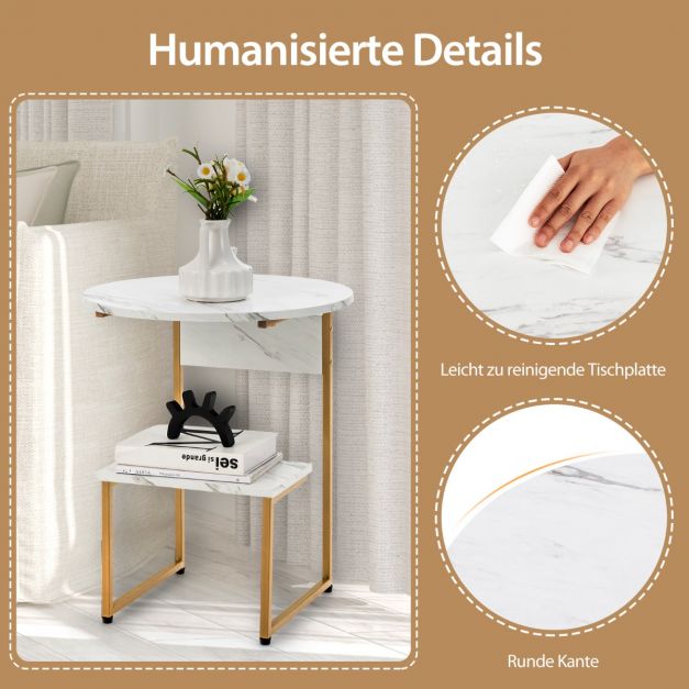 Coast Side Table 2-Layer - Marble Look with Gold Frame 50 x 50 x 61 cm - White/Gold