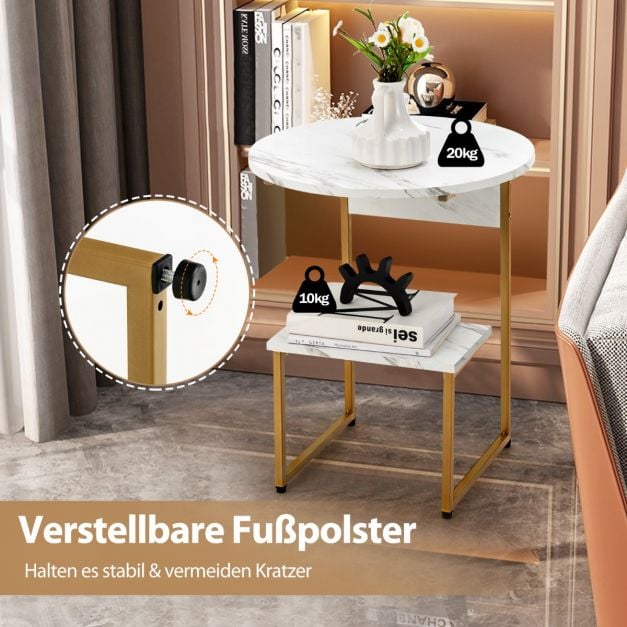 Coast Side Table 2-Layer - Marble Look with Gold Frame 50 x 50 x 61 cm - White/Gold