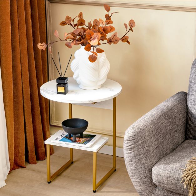 Coast Side Table 2-Layer - Marble Look with Gold Frame 50 x 50 x 61 cm - White/Gold