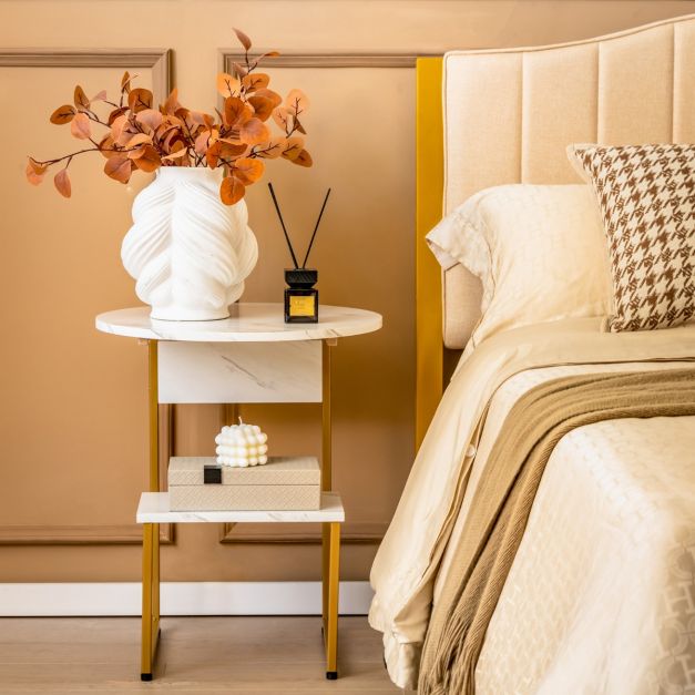 Coast Side Table 2-Layer - Marble Look with Gold Frame 50 x 50 x 61 cm - White/Gold