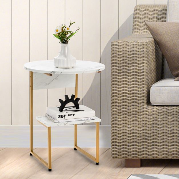 Coast Side Table 2-Layer - Marble Look with Gold Frame 50 x 50 x 61 cm - White/Gold