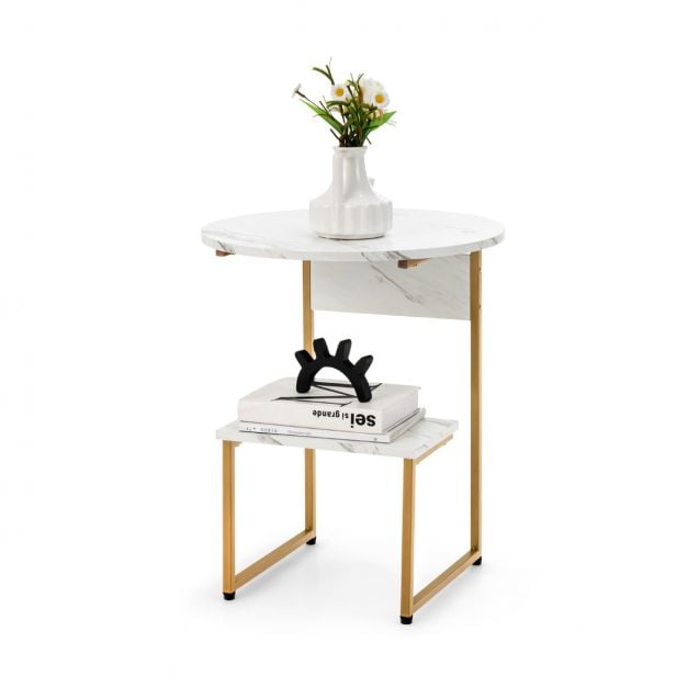 Coast Side Table 2-Layer - Marble Look with Gold Frame 50 x 50 x 61 cm - White/Gold