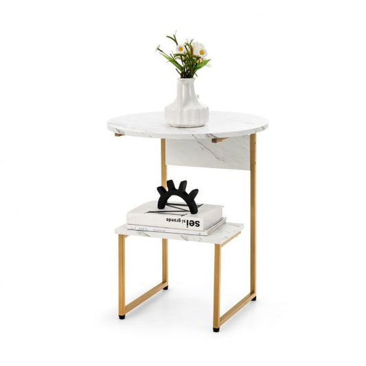 Coast Side Table 2-Layer - Marble Look with Gold Frame 50 x 50 x 61 cm - White/Gold