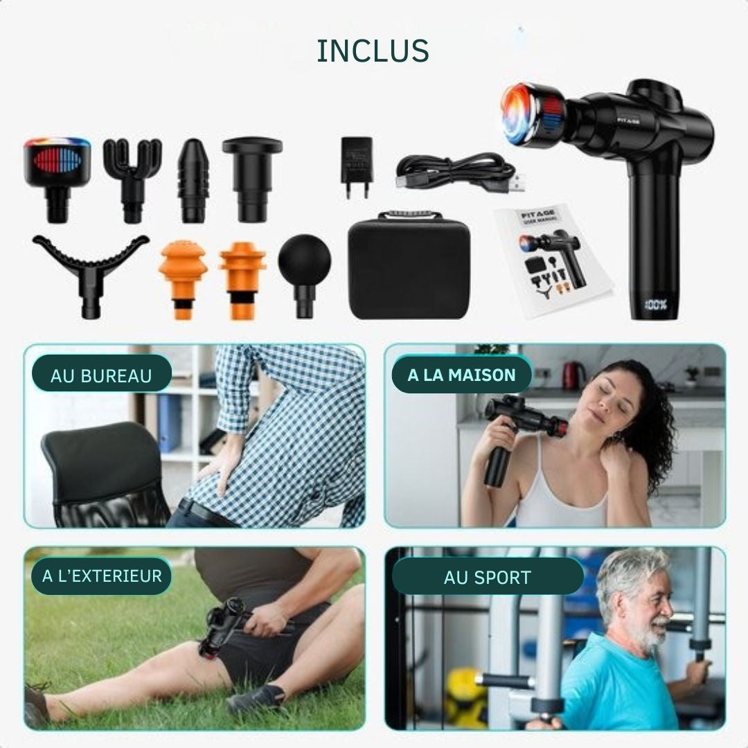 Pistolet de massage chaud et froid FITAGE - 8 accessoires - 20 positions - Noir