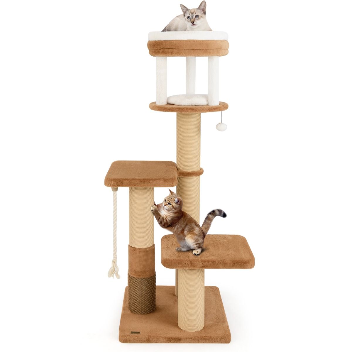 Arbre à chat Coast - poteau à griffer avec perchoirs rembourrés - panier amovible - caramel et blanc - 164 cm