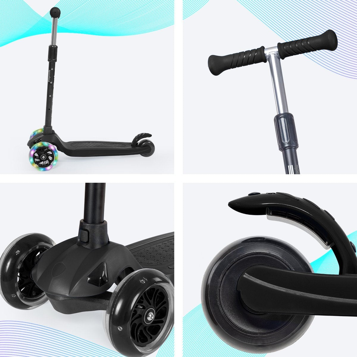 LifeGoods TurboRide Kids' Scooter - Step 5-8 Years - 3 Luminous Wheels - Boys/Girls - Black