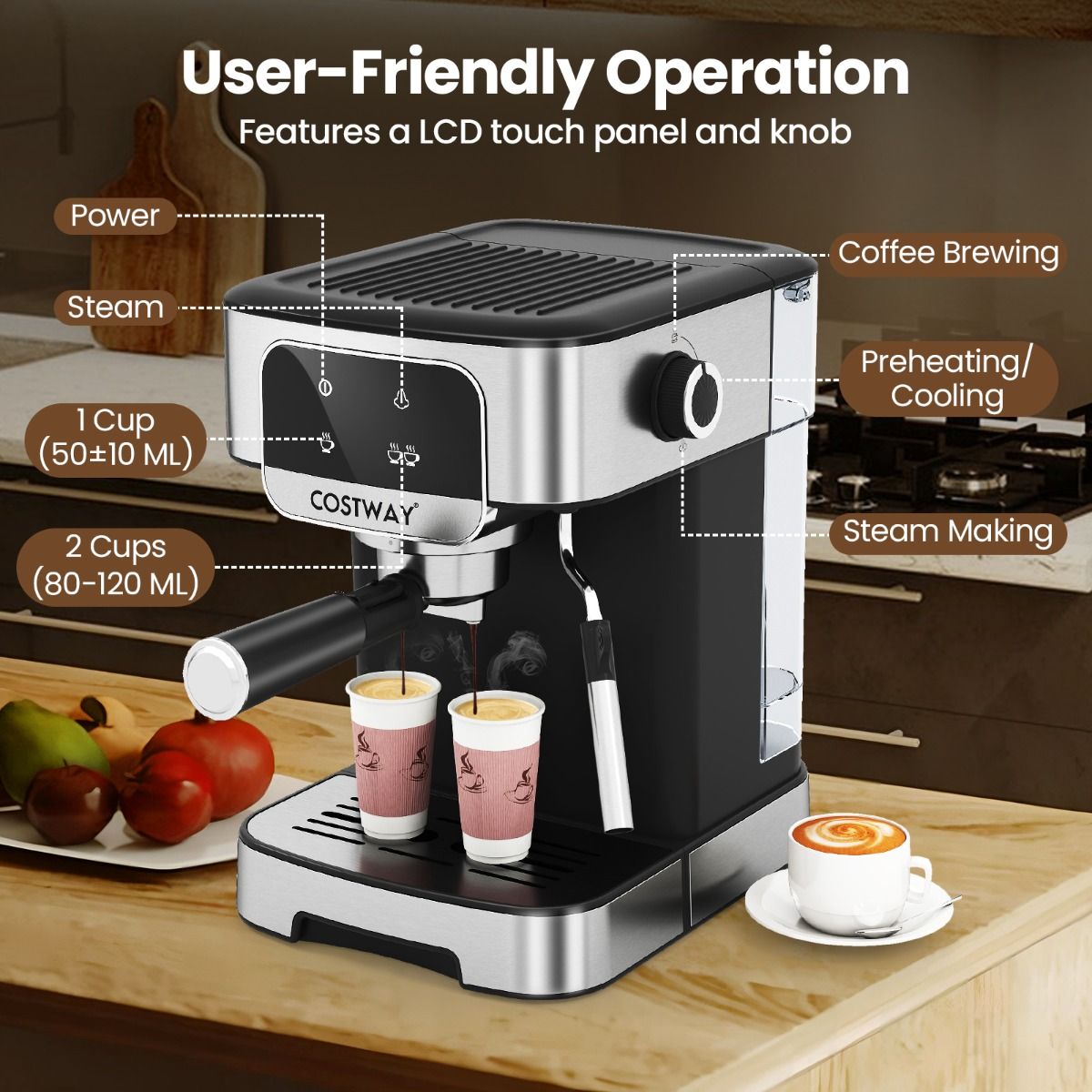 Machine à expresso Coast 20 bars 1 200 W - Mousseur à lait à vapeur - Réservoir d'eau de 1,8 L - Écran tactile - Noir/Argent - 26 x 21 x 28 cm