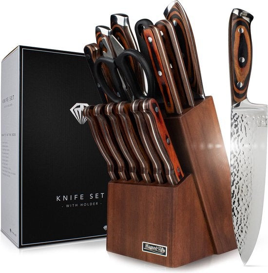 Set de couteaux avec bloc - Dymund® - Set de couteaux de chef avec bloc de couteaux - 13 pièces - acier inoxydable - Noir