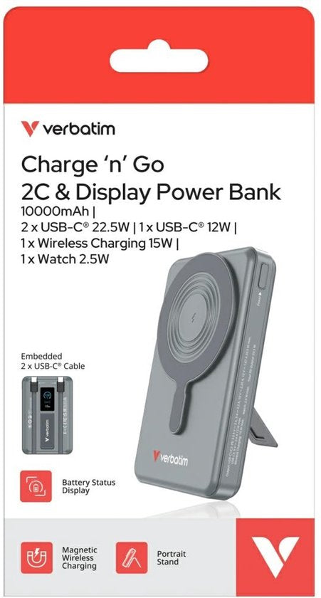 Powerbank Verbatim 10 000 mAh Charge N Go avec support magnétique, recharge sans fil et écran TFT