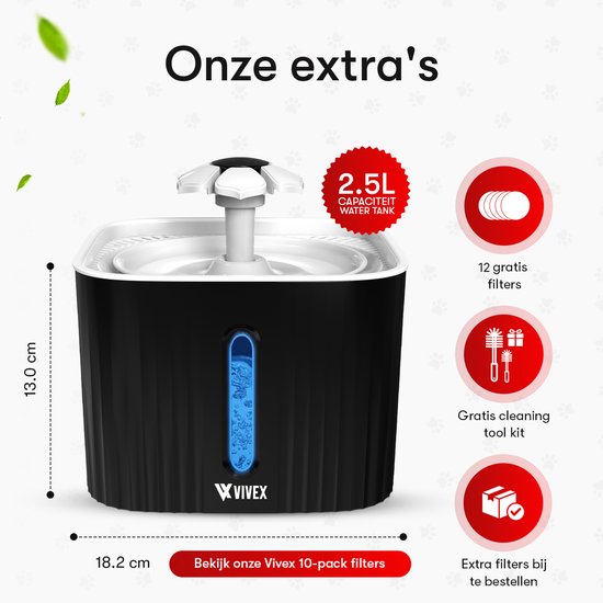 Fontaine à eau Vivex® - Fontaine à eau pour chats et chiens - 12 filtres et outil de nettoyage inclus - Silencieuse - Filtres supplémentaires