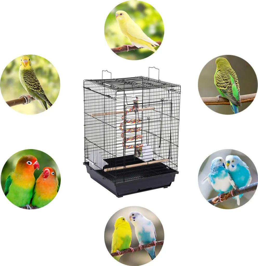 Yaheetech Cage à oiseaux avec jouets et toit rabattable - Noir - 40 x 40 x 58 cm