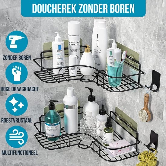 Avalo Support de douche d'angle - 2 pièces - Pas de perçage ni de vissage - Fixation par bande adhésive