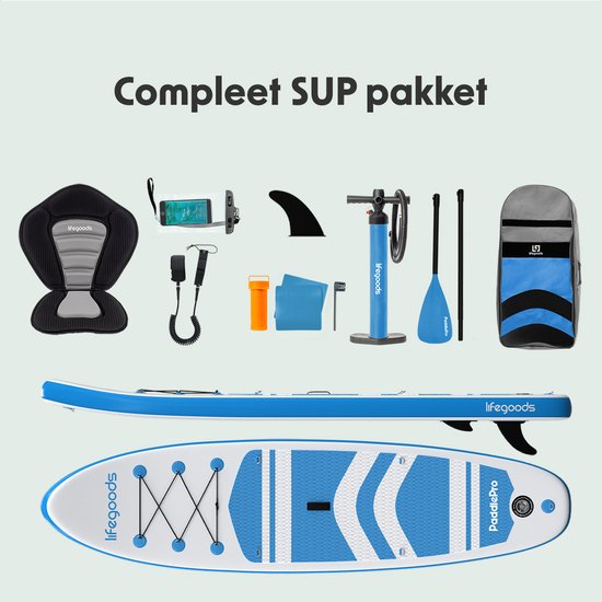 LifeGoods PaddlePro SUP Board - avec siège - Planche à pagaie gonflable - Ensemble complet - Max. 135KG - 320x81cm - Blanc/Bleu ciel