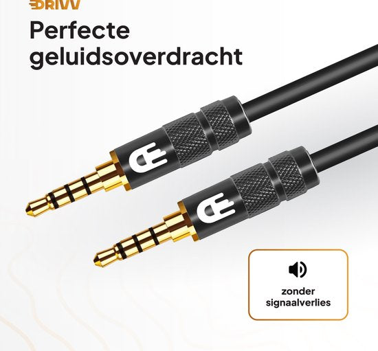 Drivv. Câble AUX 3,5 mm - Jack à Jack - Câble audio 4 pôles - Plaqué or - Mâle à Mâle - PVC - Noir - 2 mètres