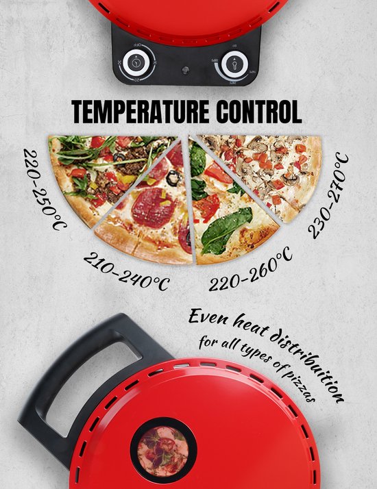 Four à pizza Bestron Turbo pour des pizzas prêtes en 5 à 10 minutes, four à pizza électrique avec une température maximale réelle de 320 °C, livré avec une pierre à pizza et 2 grandes spatules en bois, Viva Italia, couleur : rouge