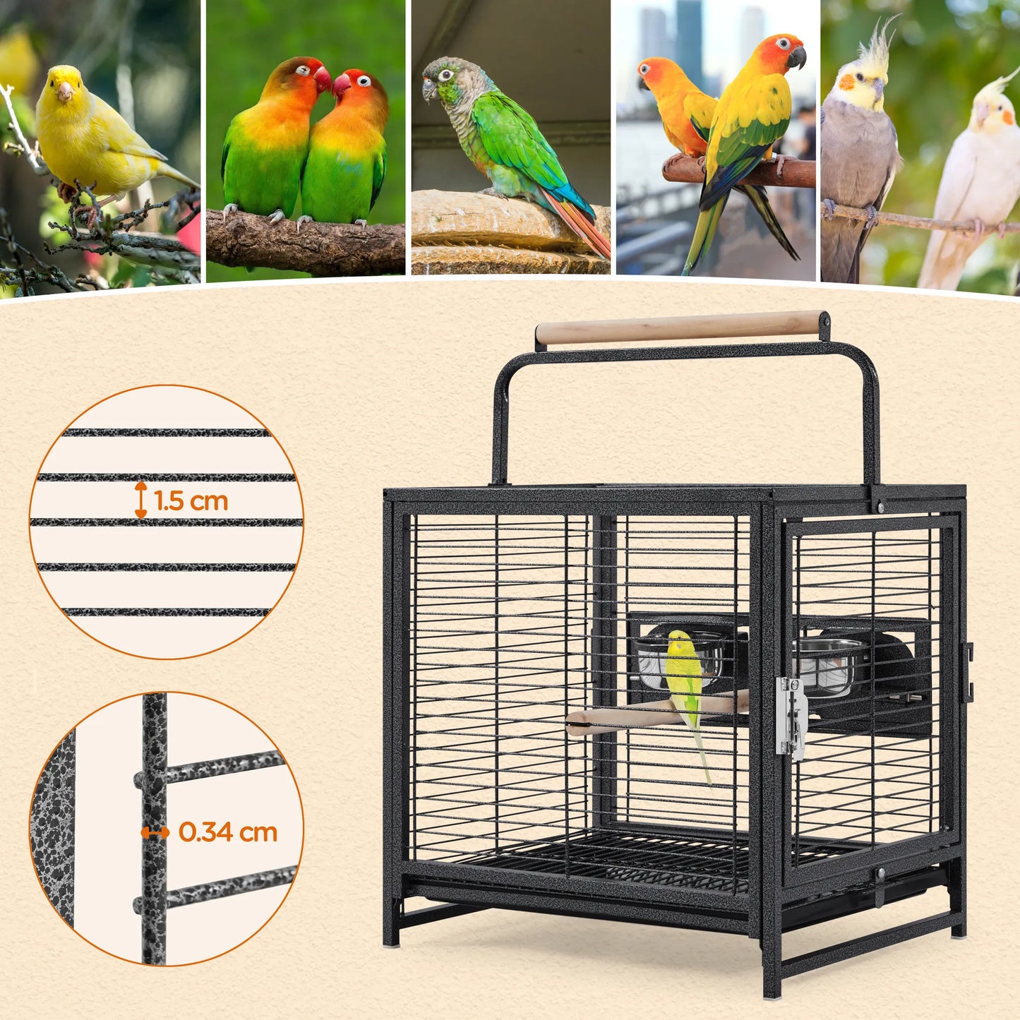 Yaheetech Cage à oiseaux avec poignée - Avec perchoirs en bois, revêtement hydrofuge et porte verrouillable - Pour canaris et perruches - Métal noir, plastique et bois - 48,5 x 39 x 65 cm