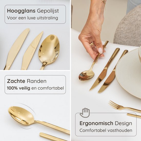 Deleca 6 Person Luxury Stainless Steel Cutlery Set Amor (36 pieces) - Spoons, Knives, Forks, Steak Knives & Pastry Forks - Lave-vaisselle - Gold Design Cutlery - 18/0 Stainless Steel