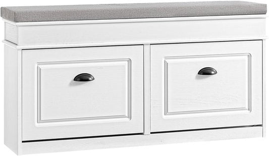 SoBuy FSR64-WG Meuble à chaussures, banc à chaussures, chaussures, entrée, 2 abattants avec coussin amovible, boîte de rangement, étagère pour entrée étroite, 104 x 24 x 51 cm, effet bois antique, blanc