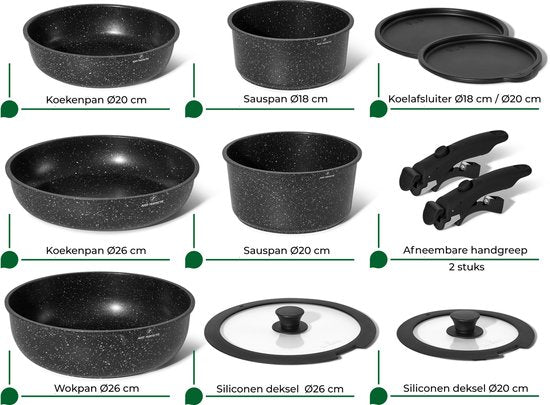 Just Perfecto 11 Pieces Induction Pans Set - Removable Handle - Pans Set With Lid For All Heat Sources - Pans Without PFOA - PFAS