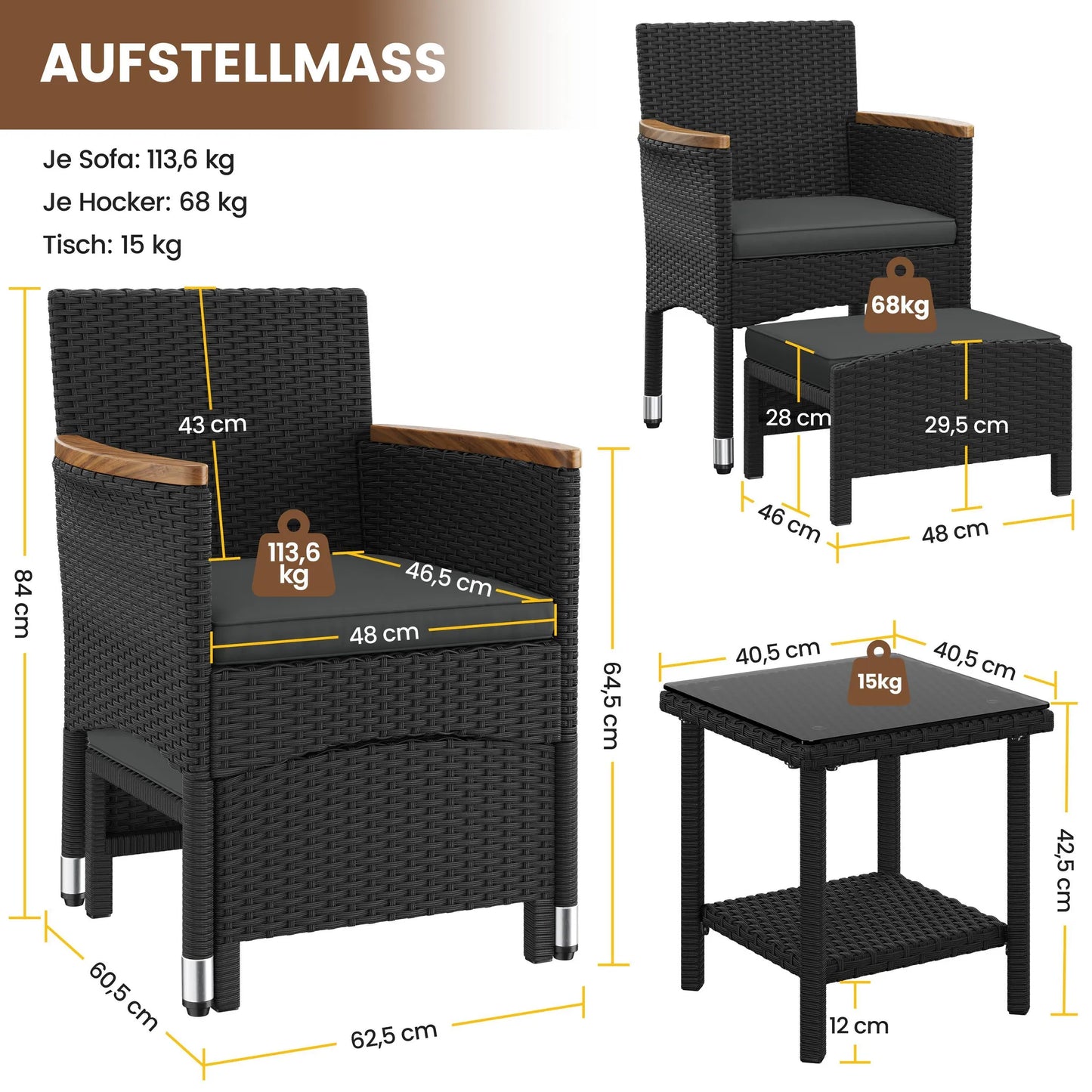 Yaheetech Lounge Set 5-Piece - Comprend deux chaises avec accoudoirs en bois d'acacia, deux ottomans et une table basse en verre trempé - Pour le jardin et le balcon - Métal noir et gris en rotin et bois d'acacia - 62.5 x 60.5 x 84 cm