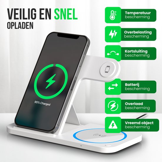 Strex 3-in-1 Wireless Charger - Station de charge - Chargement rapide 15W - Pliable - Convient pour iOS & Android, Apple Watch, AirPods et écouteurs sans fil - Blanc
