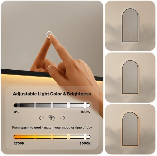 Miroir de salle de bains Mirlux avec éclairage LED et chauffage – Miroir mural Arch – Miroir de douche anti-buée – 45 x 100 cm