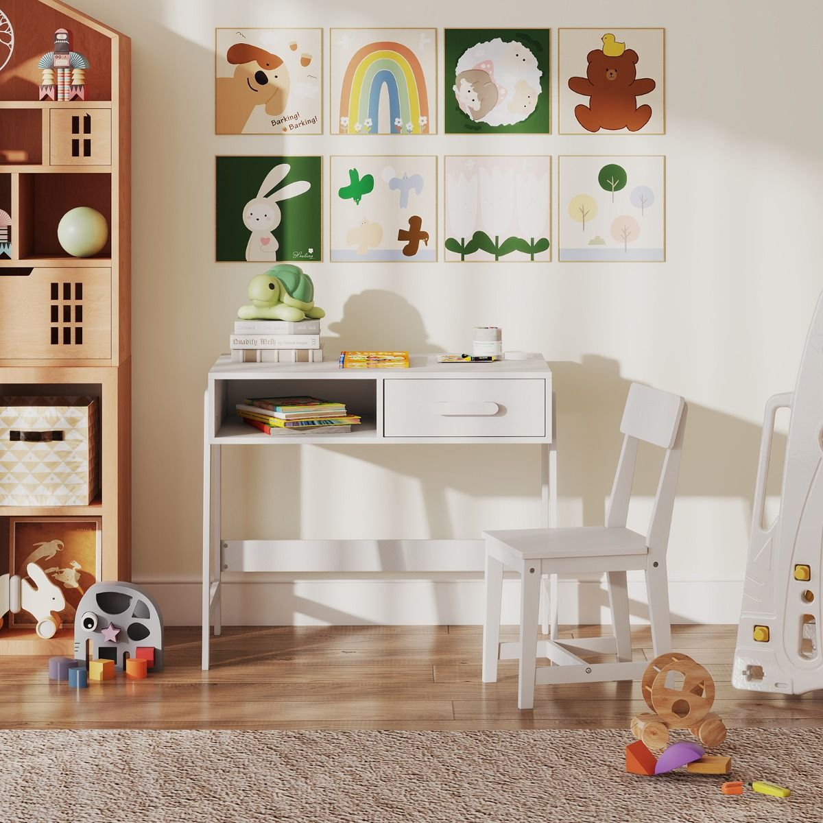 Bureau pour enfant Coast avec chaise - avec tiroir et étagère - conception ergonomique - blanc